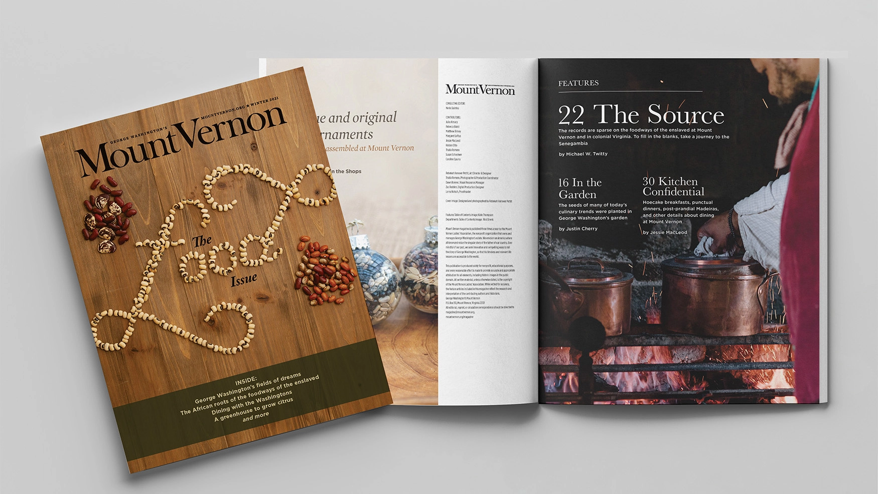 Cover design for Mount Vernon Magazine featuring the word food created out of native beans